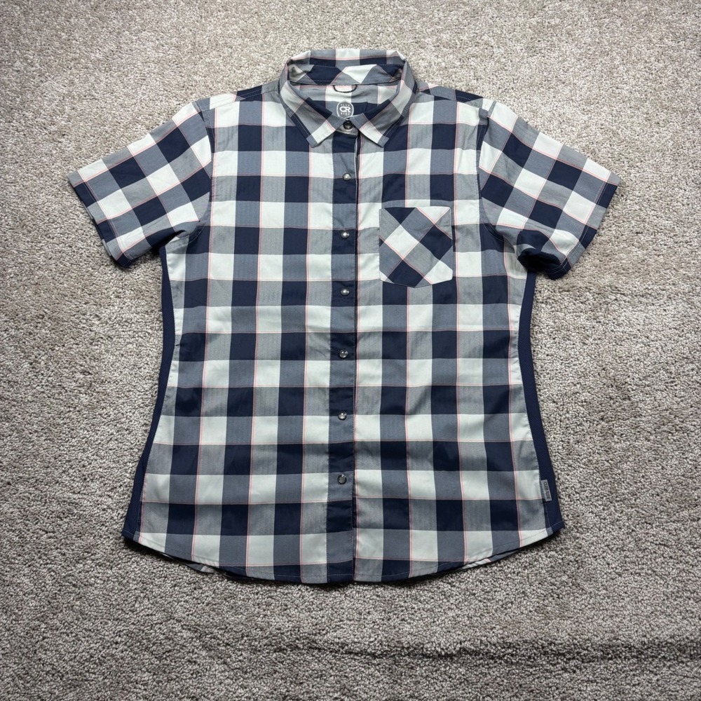 Club Ride Womens Plaid Snap Front Cycling Jersey Shirt Blue Grey Large